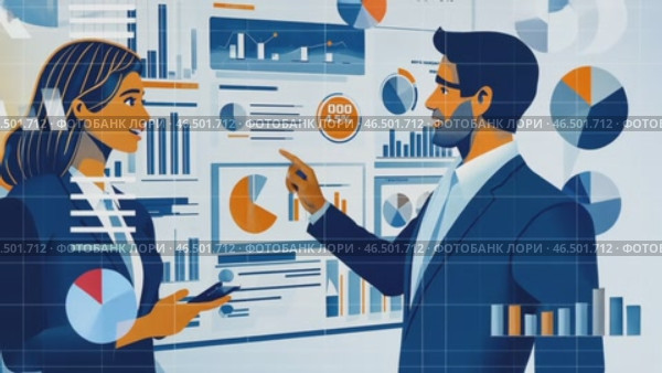 Business people discussing financial charts and pie graphs. Стоковое AI-видео, аниматор Юрий Поздников / Фотобанк Лори