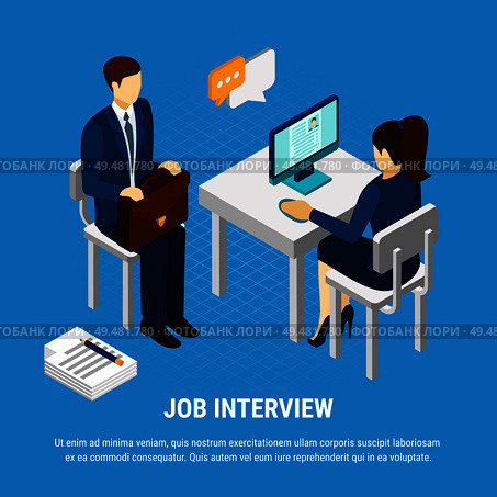 Business people isometric background with human characters of recruitment consultant and job candidate with editable text vector illustration. Job Interview Isometric Background . Стоковая иллюстрация, агентство Ingram Publishing / Фотобанк Лори