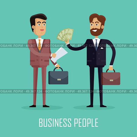 Business People. Two Businessmen Make a Contract. Business people. Two businessmen in business suit and tie with briefcases making a contract. Conclusion of a trade union, cash payment. Smiling young men in flat design isolated on blue background. Стоковая иллюстрация, агентство Ingram Publishing / Фотобанк Лори