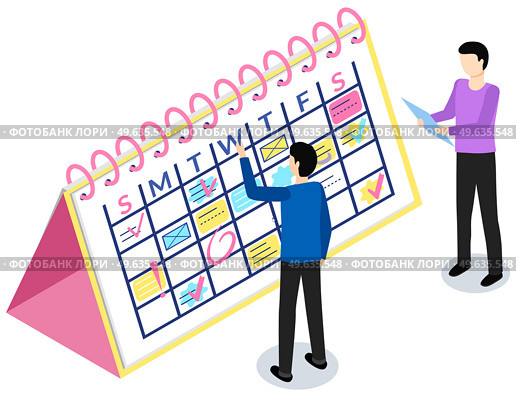 Business planning and scheduling concept. Employees analysing schedule for week. Timetable with to-do plans. Men with clipboards are looking at schedule. People study agenda reminder with inscriptions. Employees analysing schedule for week. Timetable with to-do plans. People study agenda reminder. Стоковая иллюстрация, агентство Ingram Publishing / Фотобанк Лори