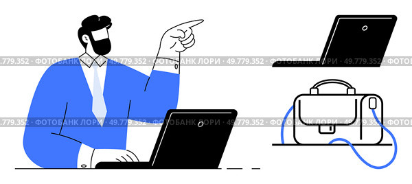 Business professional in blue jacket and tie works on laptop while pointing ahead. Additional laptop and briefcase also featured. Ideal for business strategy, office dynamics, productivity concepts. Business professional engaged with laptop, indicating direction with finger, briefcase and second laptop visible. Стоковая иллюстрация, агентство Ingram Publishing / Фотобанк Лори