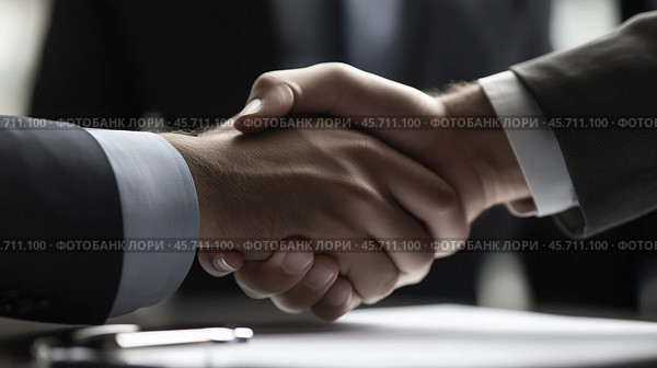 Business professionals engaging in a formal handshake during a meeting to finalize an agreement. Стоковое AI-изображение, AI-художник Сергей Толмачёв / Фотобанк Лори