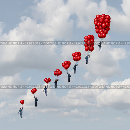 Business progress concept as a group of business people holding gradual increasing air balloons as a success metaphor with 3D illustration elements. Стоковое фото, агентство Ingram Publishing / Фотобанк Лори