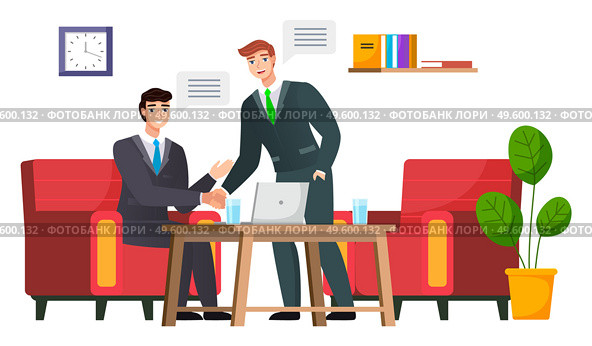 Business propasal for partner. Man make agreement deal handshake. Hiring interview. Colleagues discuss project. Teamwork idea. Accepting proposals for investment in finance and exchanging ideas. Business propasal for partner. Man make agreement handshake interview. Colleagues discuss project. Стоковая иллюстрация, агентство Ingram Publishing / Фотобанк Лори