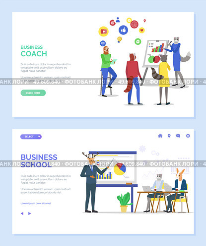 Business school vector, hipster animal teaching students. Deer giving presentation showing on board, listeners looking at whiteboard giving ideas. Website or webpage template, landing page flat style. Business Coach and School, Website with Hipsters. Стоковая иллюстрация, агентство Ingram Publishing / Фотобанк Лори