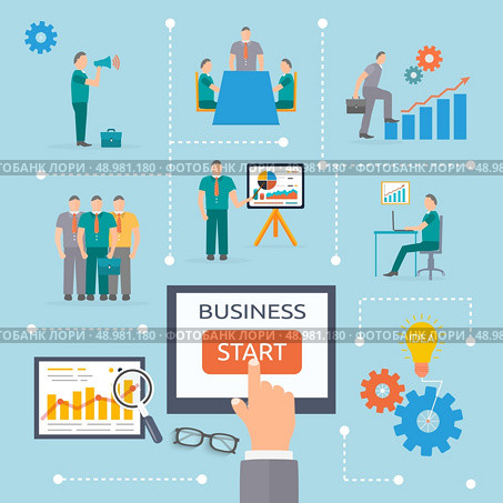 Business start idea template. Start up idea. Teamwork concept in flat design. Стоковая иллюстрация, агентство Ingram Publishing / Фотобанк Лори