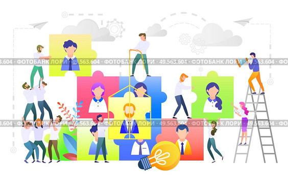 Business teamwork. People working together vector, isolated workers standing on ladder helping each other and building community of professionals, team leaders with puzzles. Team building concept. Team Building, Teambuilding People Workers Set. Стоковая иллюстрация, агентство Ingram Publishing / Фотобанк Лори