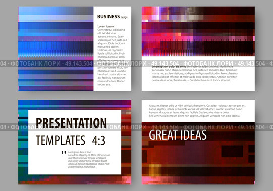 Business templates for presentation slides. Abstract layouts in vector design. Glitched background made of colorful pixel mosaic. Digital decay, signal error, television fail. Trendy glitch backdrop.. Set of business templates for presentation slides. Easy editable abstract layouts in flat design, vector illustration. Glitched background made of colorful pixel mosaic. Digital decay, signal error, television fail. Trendy glitch backdrop. Стоковая иллюстрация, агентство Ingram Publishing / Фотобанк Лори