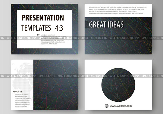 Business templates for presentation slides. Easy editable layouts in flat design. Colorful dark background with abstract lines. Bright color chaotic, random, messy curves. Colourful vector decoration.. Set of business templates for presentation slides. Easy editable abstract vector layouts in flat design. Colorful dark background with abstract lines. Bright color chaotic, random, messy curves. Colourful vector decoration. Стоковая иллюстрация, агентство Ingram Publishing / Фотобанк Лори