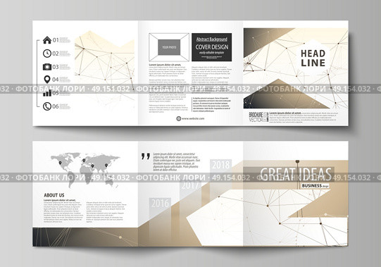 Business templates for tri fold square design brochures. Leaflet cover, easy editable vector layout. Technology, science, medical concept. Golden dots and lines, cybernetic digital style. Lines plexus. Set of business templates for tri fold square design brochures. Leaflet cover, abstract flat layout, easy editable vector. Technology, science, medical concept. Golden dots and lines, cybernetic digital style. Lines plexus. Стоковая иллюстрация, агентство Ingram Publishing / Фотобанк Лори