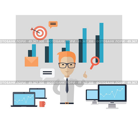 Business Training Concept. Business training at office banner. Banner successful young man with glasses mentor consultant, coaching and shows business charts and graphs. Success growth data information. illustration. Стоковая иллюстрация, агентство Ingram Publishing / Фотобанк Лори