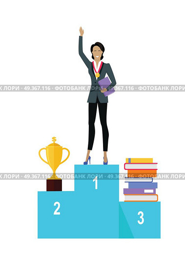 Business Woman on Pedestal of Winners. Business woman on pedestal of winners. Business woman in business suit with golden medal on his chest. Winner business concept. Business success and award concept. Smiling young woman personage. Стоковая иллюстрация, агентство Ingram Publishing / Фотобанк Лори