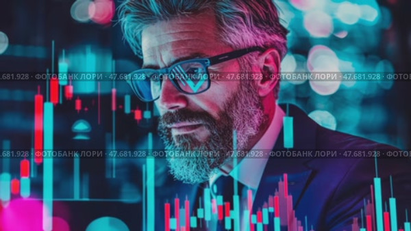 Businessman analyst studies stock charts in neon-lit, tech-driven environment, contemplating financial data and market trends. Стоковое AI-видео, аниматор Данила Большаков / Фотобанк Лори