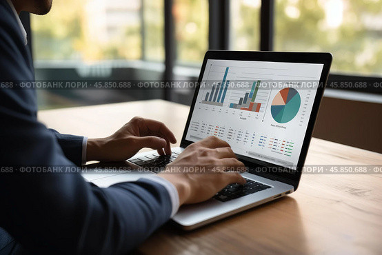 Businessman analyzing financial charts and graphs on laptop in office. Стоковое AI-изображение, AI-художник Иван Рябоконь / Фотобанк Лори