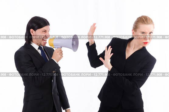 Businessman and businesswoman with megaphone isolated on white. Стоковое фото, фотограф Elnur / Фотобанк Лори
