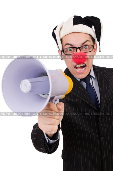 Businessman clown with loudspeaker on white. Стоковое фото, агентство Ingram Publishing / Фотобанк Лори