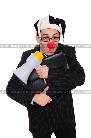 Businessman clown with loudspeaker on white. Стоковое фото, агентство Ingram Publishing / Фотобанк Лори