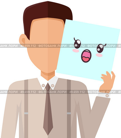 Businessman holding picture of cute kawaii amused face. Manga style eyes and mouths. Funny japanese facial expression. Eastern kawaii anime culture elements. Male character shows emotion of surprise. Businessman holding picture of cute kawaii amused face. Male character shows emotion of surprise. Стоковая иллюстрация, агентство Ingram Publishing / Фотобанк Лори