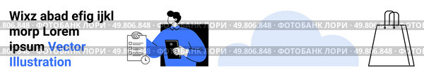 Businessman in blue holding a tablet with a checklist, large cloud shape, and simple shopping bag drawing. Ideal for business planning, to-do lists, digital marketing, e-commerce, cloud storage. Businessman Holding a Tablet with a Checklist, a Cloud, and a Shopping Bag Icon in Minimalistic Style. Стоковая иллюстрация, агентство Ingram Publishing / Фотобанк Лори
