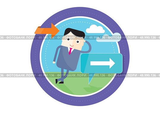 Businessman leaning on sign with directional arrow. Man standing at crossroad. Signpost points multiple directions flat design cartoon style. Стоковая иллюстрация, агентство Ingram Publishing / Фотобанк Лори