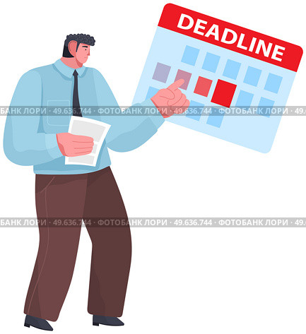 Businessman points to schedule with deadline for completion of work. Male character planning his schedule to finish task on time. Man deal with deadlines, assignments scheduling, work organization. Businessman points to schedule with deadline for completion of work. Man planning assignments. Стоковая иллюстрация, агентство Ingram Publishing / Фотобанк Лори