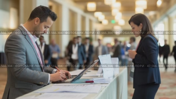 Businessman signing in at conference registration desk. Стоковое AI-видео, аниматор Юрий Поздников / Фотобанк Лори