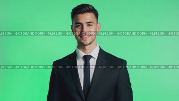 Businessman smiling confident on green screen. Male dressed in a stylish formal outfit. Professional millennial man isolated on green background. Chroma key backdrop. Headshot portrait. Presentation. Стоковое AI-видео, аниматор Марина Демидюк / Фотобанк Лори