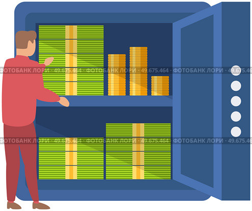Businessman standing near big metal safe full of money. Wealth and financial savings concept. Bank safe, bank employees, dollars in deposit box . Investing money on an account. Cash protection. Businessman standing near big metal safe full of money. Wealth and financial savings concept. Стоковая иллюстрация, агентство Ingram Publishing / Фотобанк Лори