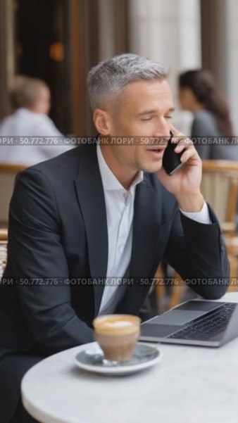 Businessman talking on phone at outdoor cafe. Стоковое AI-видео, аниматор Юрий Поздников / Фотобанк Лори