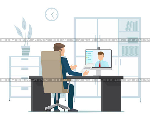 Businessman talking to partner via video call, online conference. A man sitting at a table with computer back view, communication with a colleague via webcam, telecommunication, business negotiations. Businessman talking to partner via video call, online conference. A man with computer back view. Стоковая иллюстрация, агентство Ingram Publishing / Фотобанк Лори