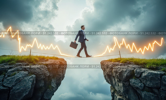 Businessman walking on a volatile stock market graph tightrope, a concept of navigating financial crisis and investment uncertainty. Стоковое AI-изображение, AI-художник Павел Муравьев / Фотобанк Лори