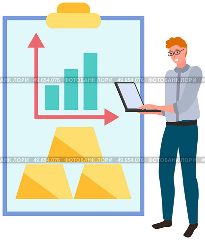 Businessman with laptop working with finance, funds and profit growth. Accumulating and collecting money. Savings, investor, rich people and wealth concept. Man with computer exaggerates profits. Businessman with laptop working with finance and profit growth. Accumulating and collecting money. Стоковая иллюстрация, агентство Ingram Publishing / Фотобанк Лори