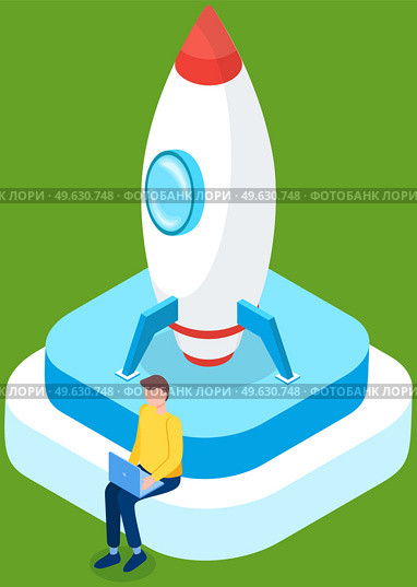 Businessman works with laptop launches rocket up into sky. Project start up and development process. Innovation product creative idea. Successful business management for new plan, forward control. Businessman works with laptop launches rocket up into sky. Project start up and development process. Стоковая иллюстрация, агентство Ingram Publishing / Фотобанк Лори