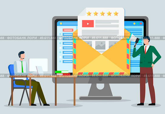 Businessmen discuss search and customer attract strategies. Man office worker with loudspeaker near big envelope with letter, businessman at the table with laptop. Developing client acquisition plans. Developing client acquisition plans. Businessmen discuss search and customer attract strategies. Стоковая иллюстрация, агентство Ingram Publishing / Фотобанк Лори