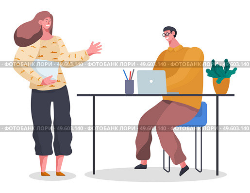 Businessmen dressed in formal clothes are sitting at the table with laptops and talking. Office workers discussing matters. Business meeting and consideration of working issues. Friendly team work. Office workers characters discussing matters. Business meeting and consideration of working issues. Стоковая иллюстрация, агентство Ingram Publishing / Фотобанк Лори