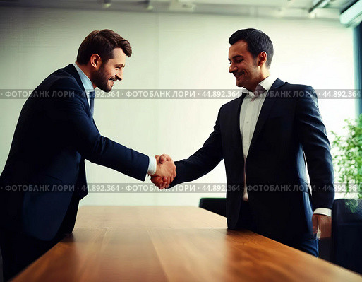 Businessmen shaking hands after making a profitable deal. Стоковое AI-изображение, AI-художник Сергей Елизарьев / Фотобанк Лори