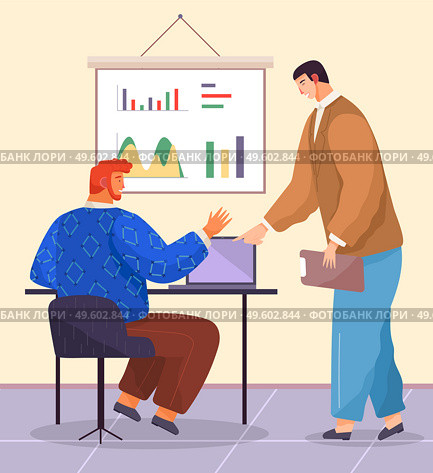 Businesspeople argue, discuss a project. Business meeting, working process. Man manager consulting, talking to boss about conclusion of new contract. Businessman chief sitting at a table typing laptop. Businesspeople argue, discuss project. Man manager talking to boss about conclusion of new contract. Стоковая иллюстрация, агентство Ingram Publishing / Фотобанк Лори