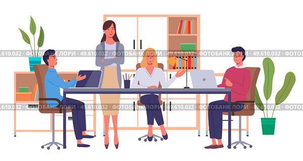 Businesspeople communicating, discuss a project. Business meeting, working process. Man manager consulting sitting at a big table with laptops in office space, talking about conclusion of contract. Businesspeople communicating, discuss a project. Business meeting, working process in office room. Стоковая иллюстрация, агентство Ingram Publishing / Фотобанк Лори
