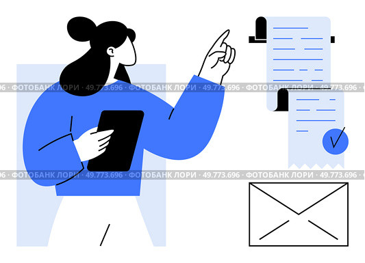 Businesswoman holding a tablet and pointing at a document while a checklist and envelope are visible beside her. Ideal for business presentations, checklists, communication, document management. Businesswoman Presenting Report with Tablet and Checklist. Стоковая иллюстрация, агентство Ingram Publishing / Фотобанк Лори