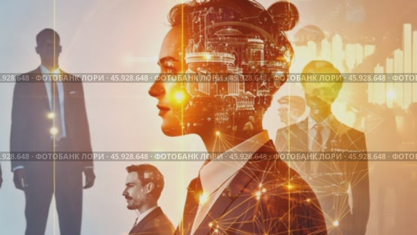 Businesswoman leading a team in a futuristic cityscape. Стоковое AI-видео, аниматор Юрий Поздников / Фотобанк Лори