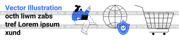 Businesswoman using a laptop, pointing at text with a pen. Globe icon representing global connections, security shield highlighting online safety, and shopping cart symbolizing e-commerce. Ideal. Businesswoman working on laptop with globe, security shield, and shopping cart icons indicating e-commerce. Стоковая иллюстрация, агентство Ingram Publishing / Фотобанк Лори