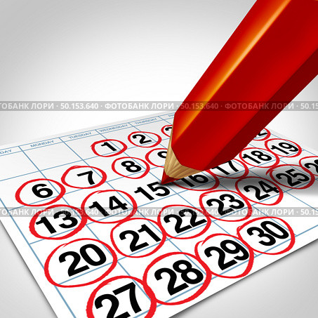 Busy business schedule as a full appointment calendar and meeting reminder as a limited availability concept with days in the month scheduled for appointments as a 3D illustration. Стоковое фото, агентство Ingram Publishing / Фотобанк Лори