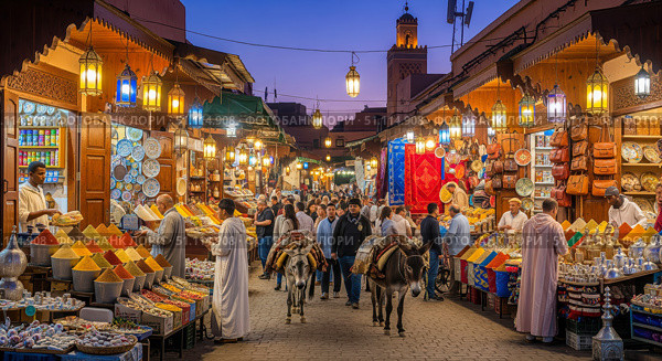 Busy street of Marrakech souk at night with people and shops. Famous Jemaa el-Fnaa market in Morocco with traditional lanterns, spices, and goods. Стоковое AI-изображение, AI-художник Павел Муравьев / Фотобанк Лори