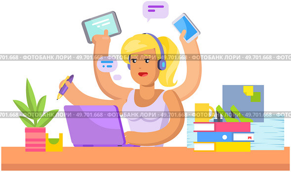 Busy woman doing simultaneously many tasks. Stressed lady doing housework and freelancing. Multitasking businesswoman working and housekeeping. Overload at work and home, brainstorming concept. Busy woman doing simultaneously many tasks. Stressed lady doing housework and freelancing. Стоковая иллюстрация, агентство Ingram Publishing / Фотобанк Лори