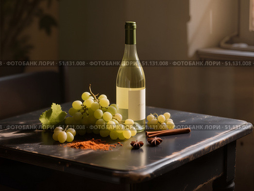 Бутылка вина и гроздь винограда на деревянном столе / A bottle of wine and a bunch of grapes on a wooden table. Стоковое AI-изображение, AI-художник Валерий Лукин / Фотобанк Лори