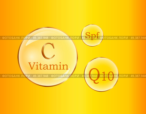 C and Q10 vitamins, Spf round signs vector poster on yellow background. Nutrition healthy emblems concept. Power of vitamin C and Q10, use of Spf. Chemical formulas of vitamins in flat design. C and Q10 Vitamins, Spf Round Signs Vector Poster. Стоковая иллюстрация, агентство Ingram Publishing / Фотобанк Лори