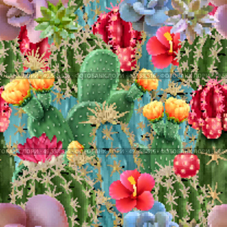 Cactus colorful seamless botanical pattern with different kinds of popular indoor flowering succulents vector illustration. Стоковая иллюстрация, агентство Ingram Publishing / Фотобанк Лори