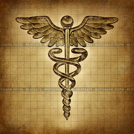 Caduceus on an old grunge parchment document as a vintage medical symbol and health care and medicine icon with snakes crawling on a pole with wings as a pharmacy medicine concept. Стоковое фото, агентство Ingram Publishing / Фотобанк Лори