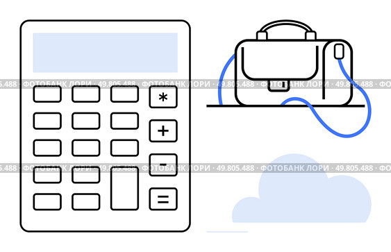 Calculator with numeric and function keys, a briefcase with a strap, and a cloud. Ideal for finance, accounting, business trips, cloud computing, corporate management, digital tools, technology. Calculator with Briefcase and Cloud Elements Representing Business Management and Technology Integration. Стоковая иллюстрация, агентство Ingram Publishing / Фотобанк Лори