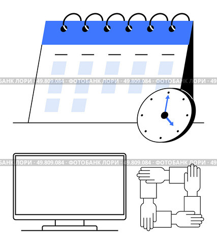 Calendar indicating planning, clock showcasing time management, computer monitor for task execution, and hands united representing collaboration. Ideal for project management, scheduling, teamwork. Project management and teamwork concept with calendar, clock, computer monitor, and hands united. Стоковая иллюстрация, агентство Ingram Publishing / Фотобанк Лори